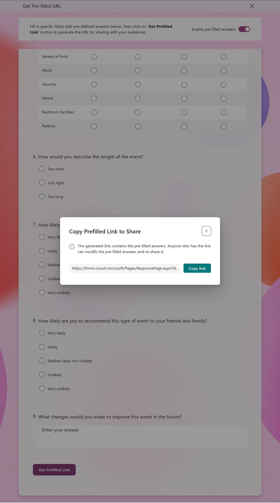 The Get Pre-filled URL panel in Microsoft Forms. Enable pre-filled answers is switched on at the top, and a dialog titled Copy Prefilled Link to Share shows the generated link with a Copy link button.