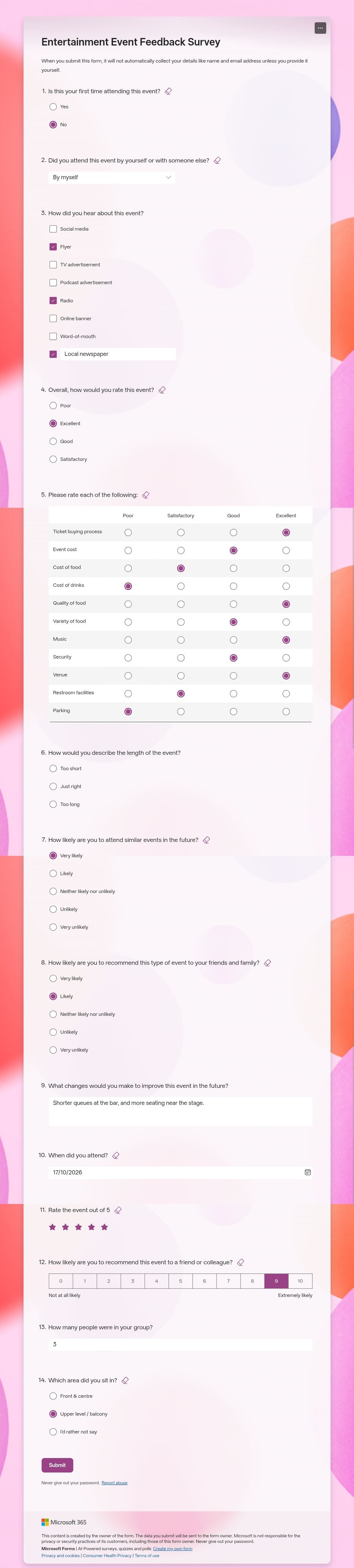 The Entertainment Event Feedback Survey opened from the pre-filled link. Every question has an answer selected or typed, including the grid, the date 17/10/2026, five stars and a score of 9, except question 6, where no option is selected.