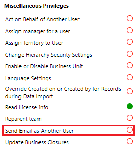 Part of a security role's Miscellaneous Privileges list, with the Send Email as Another User privilege highlighted.