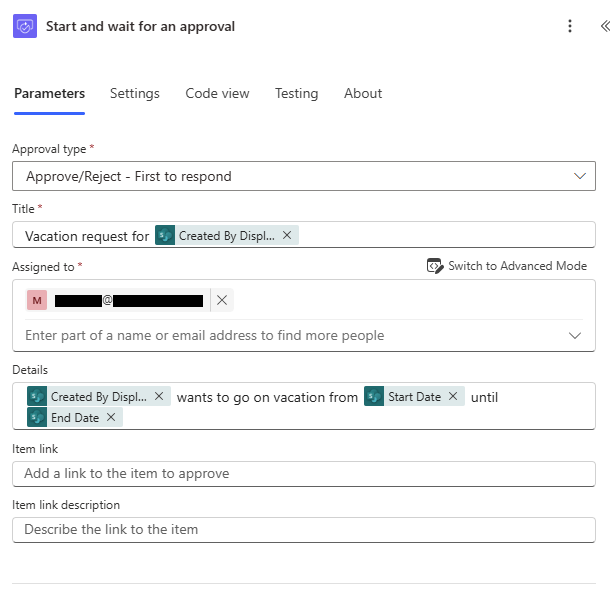The Start and wait for an approval action in the Power Automate designer, set to Approve/Reject - First to respond, with a title, an assignee and details built from the request.
